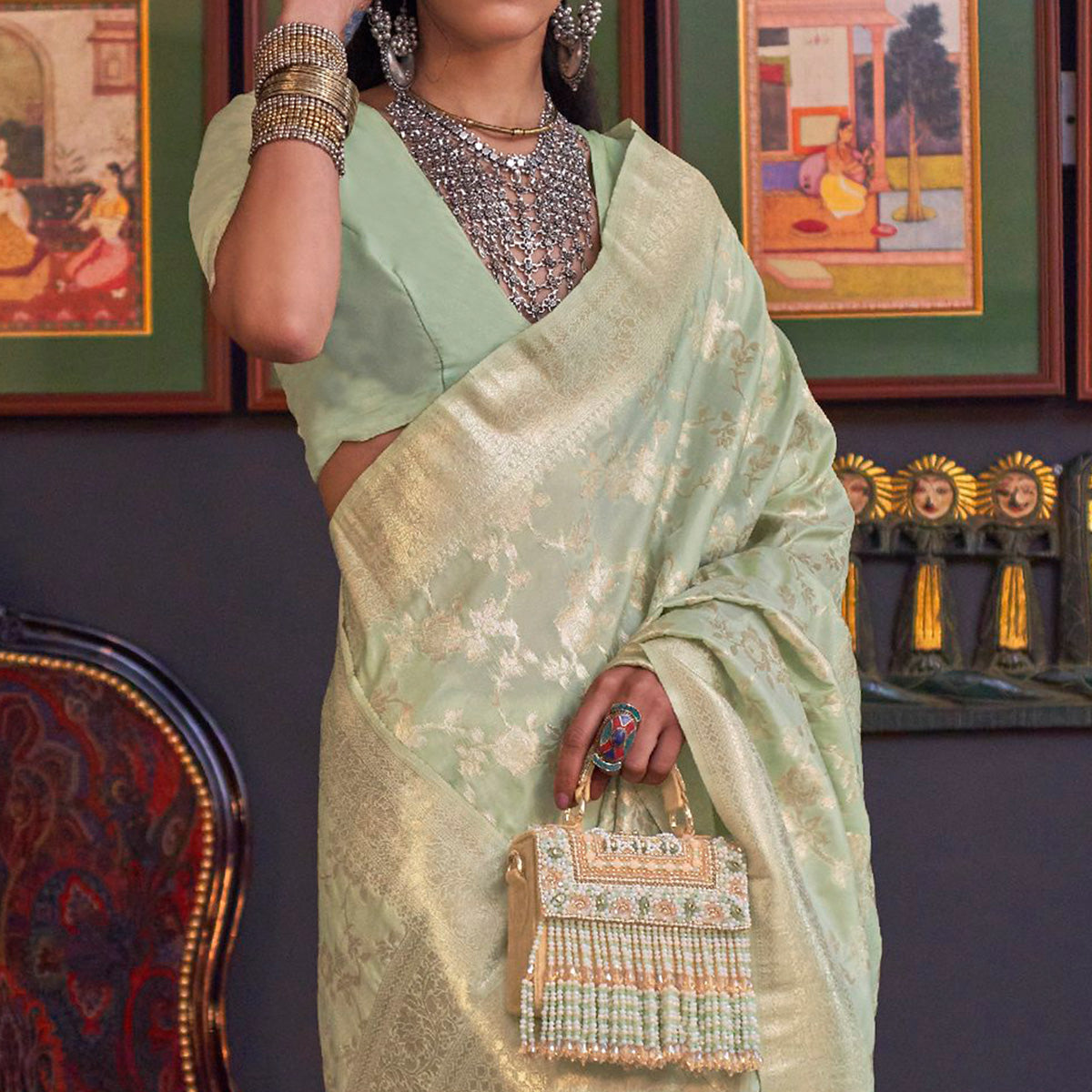 Green Woven Art Silk Saree With Tassels