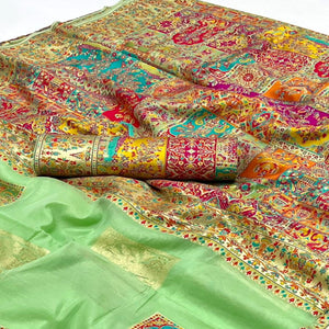 Light Green Floral Embroidered Woven Chanderi Silk Saree