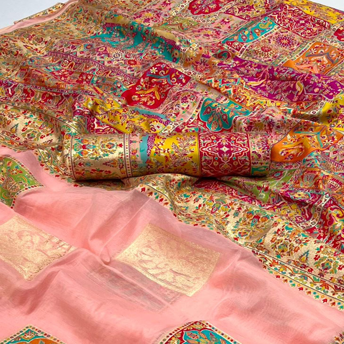 Peach Floral Embroidered Woven Chanderi Silk Saree