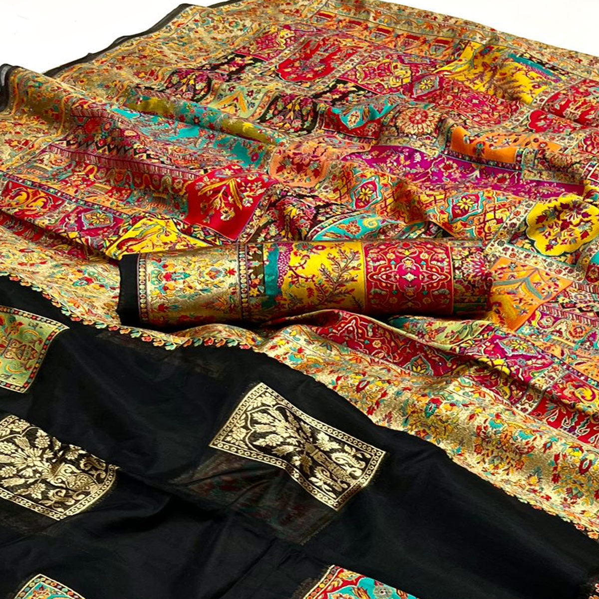 Black Floral Embroidered Woven Chanderi Silk Saree
