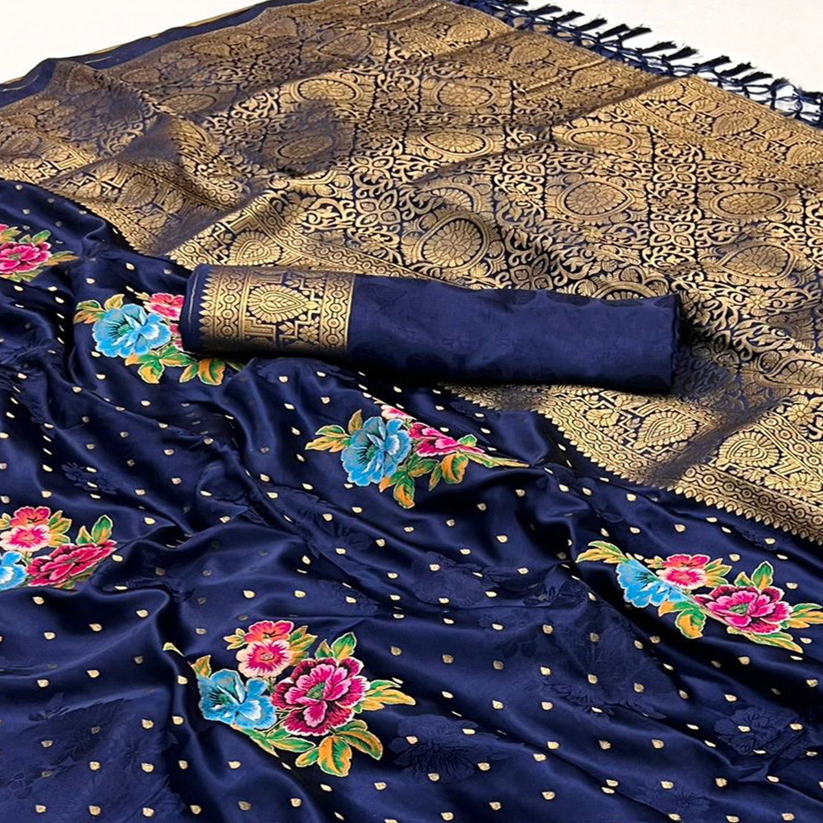Blue Floral Woven Satin Saree With Tassels