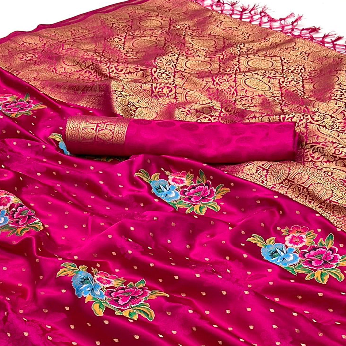 Pink Floral Woven Satin Saree With Tassels