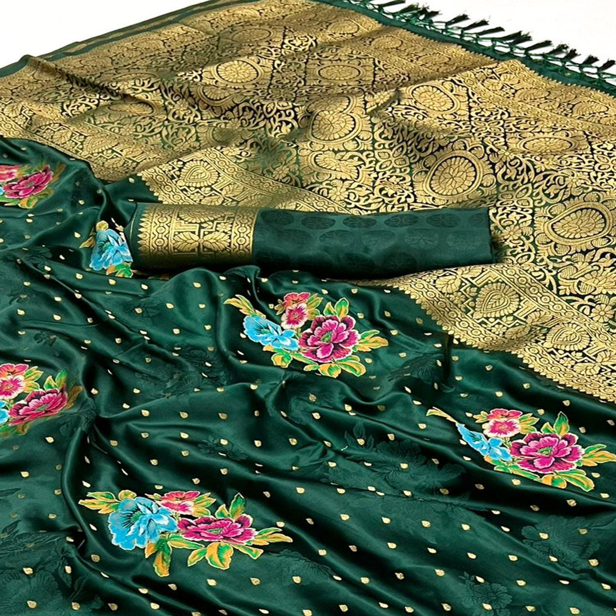 Green Floral Woven Satin Saree With Tassels