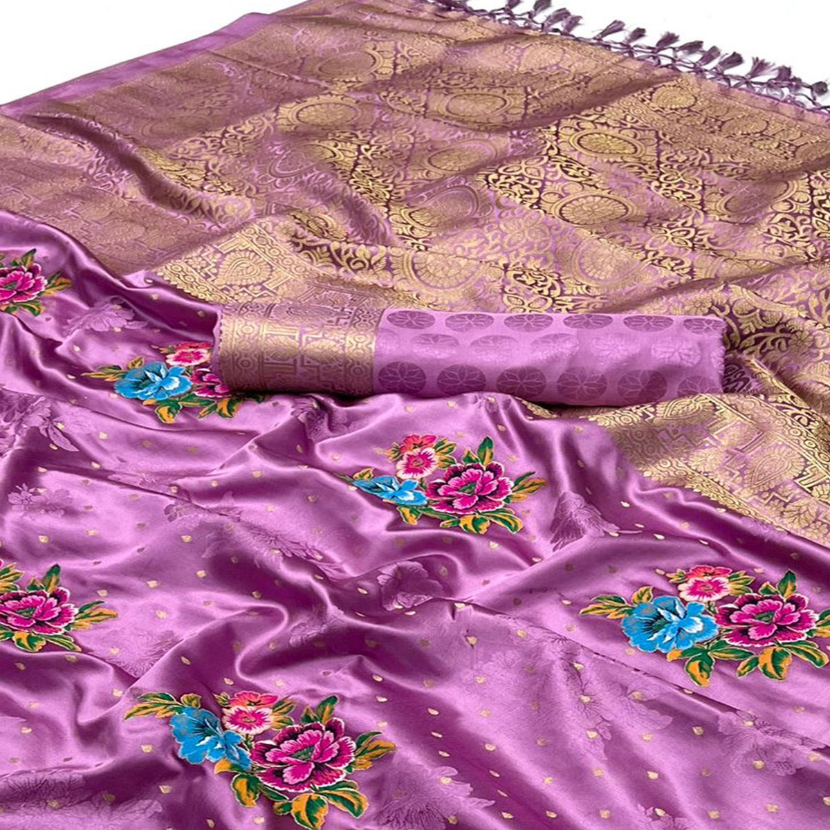 Purple Floral Woven Satin Saree With Tassels