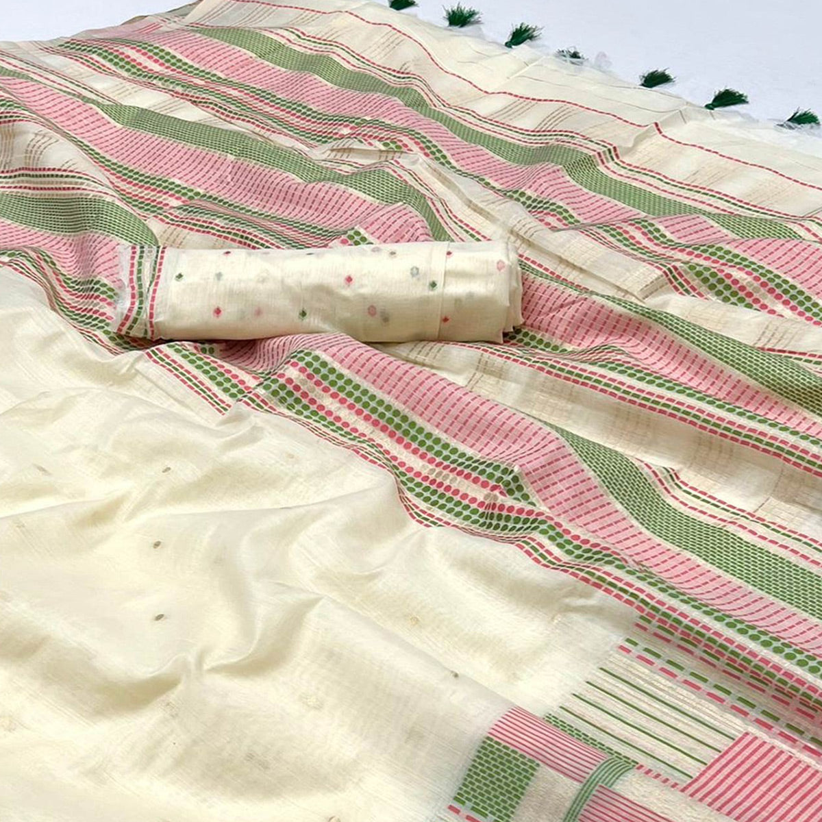 Cream Woven Cotton Silk Saree With Tassels