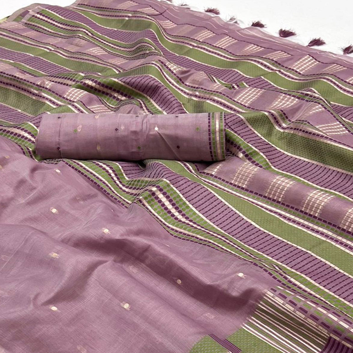 Mauve Woven Cotton Silk Saree With Tassels