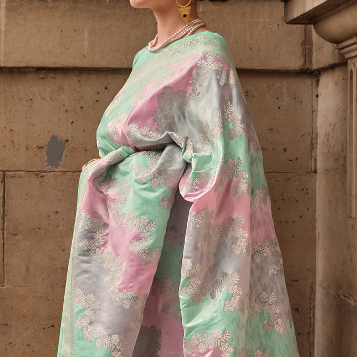 Sea Green Floral Woven Satin Saree With Tassels