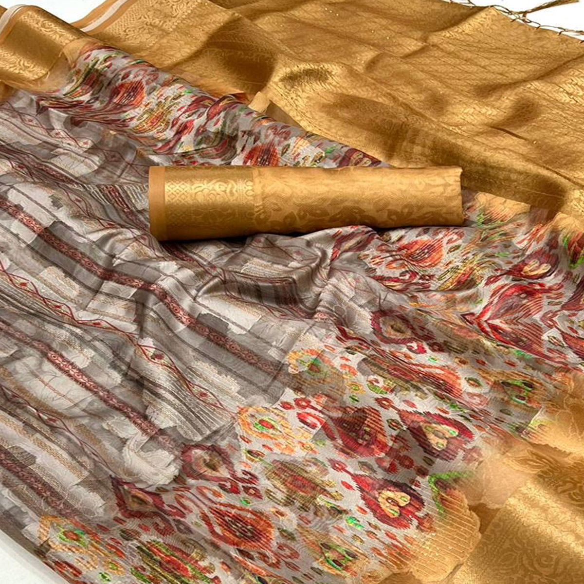 Grey Floral Printed Brasso Saree With Tassels