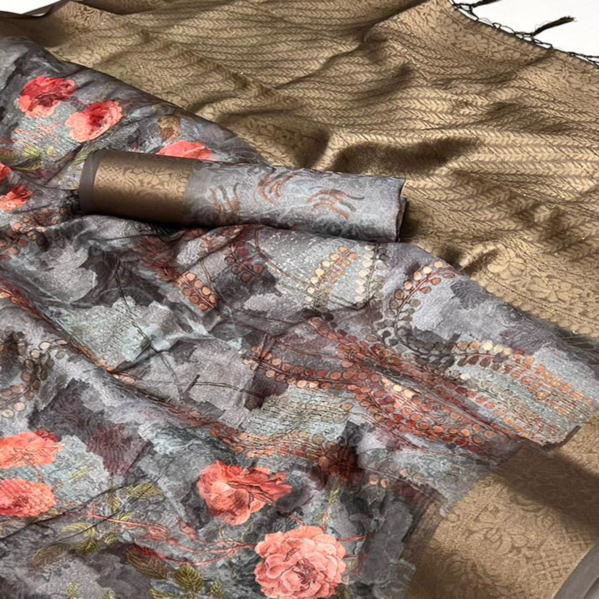 Grey Floral Woven Brasso Saree With Tassels
