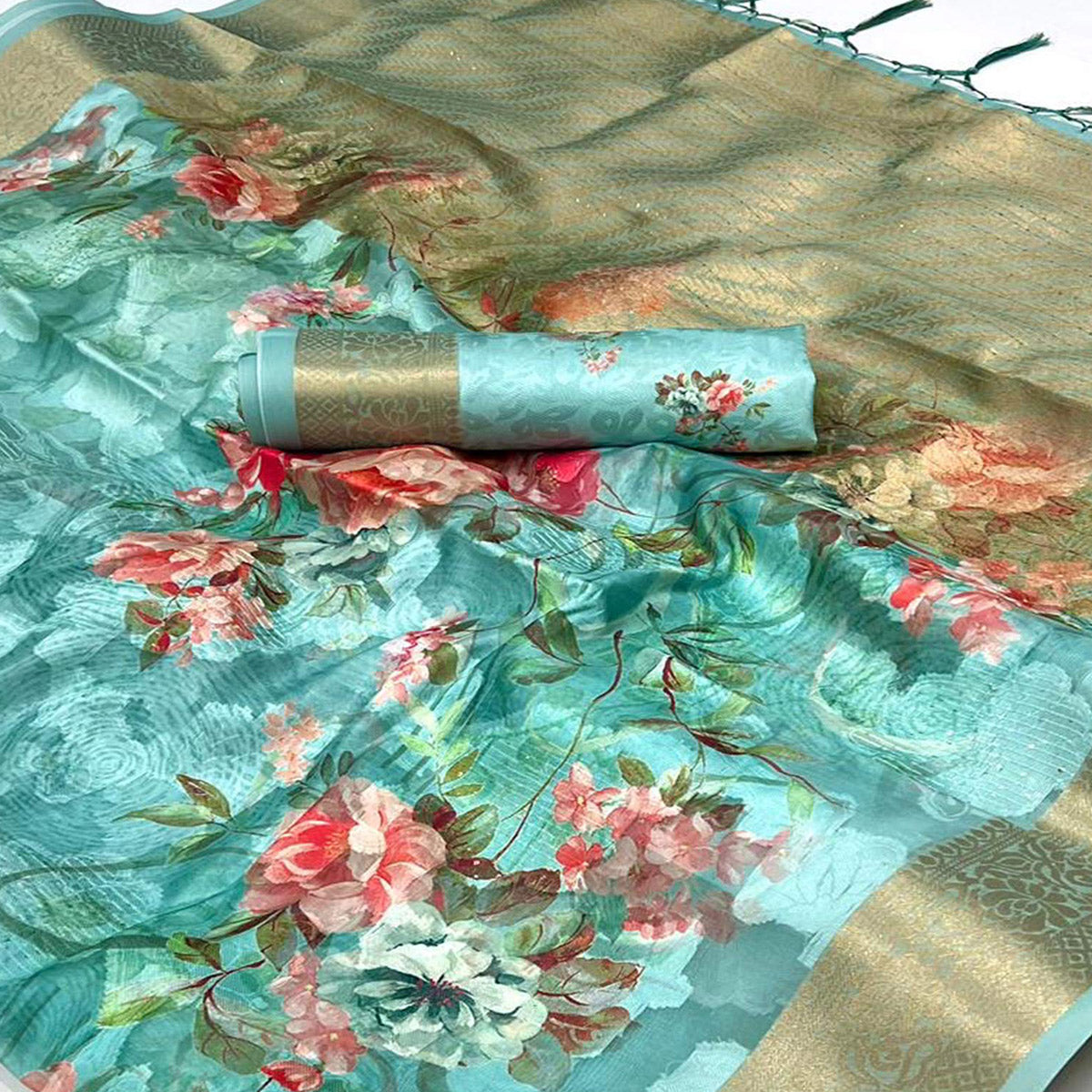 Pista Green Floral Woven Brasso Saree With Tassels