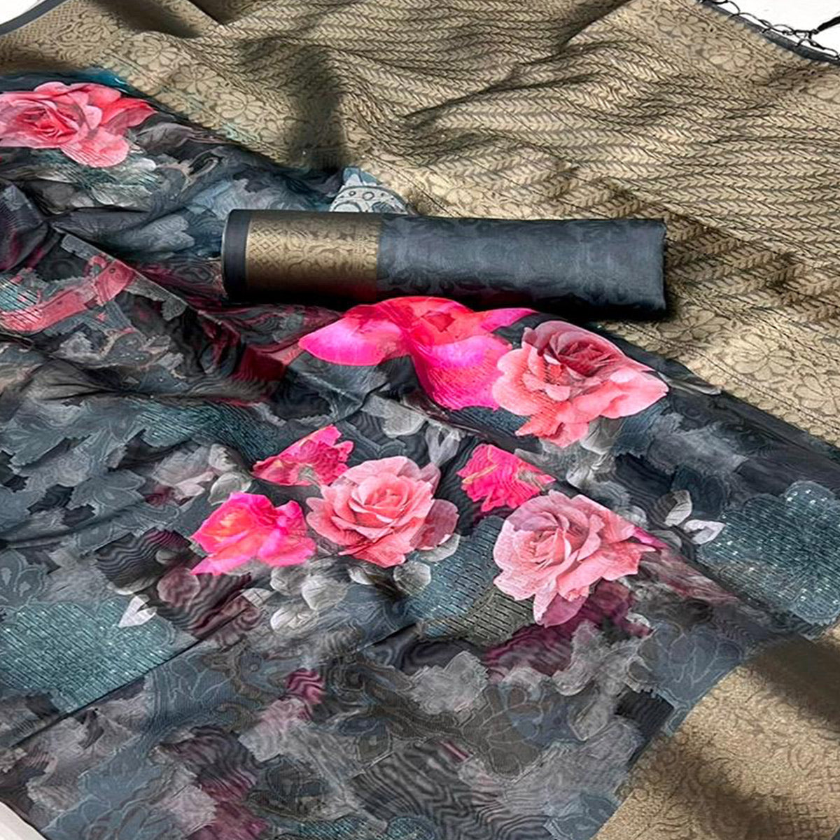 Teal Floral Woven Brasso Saree With Tassels