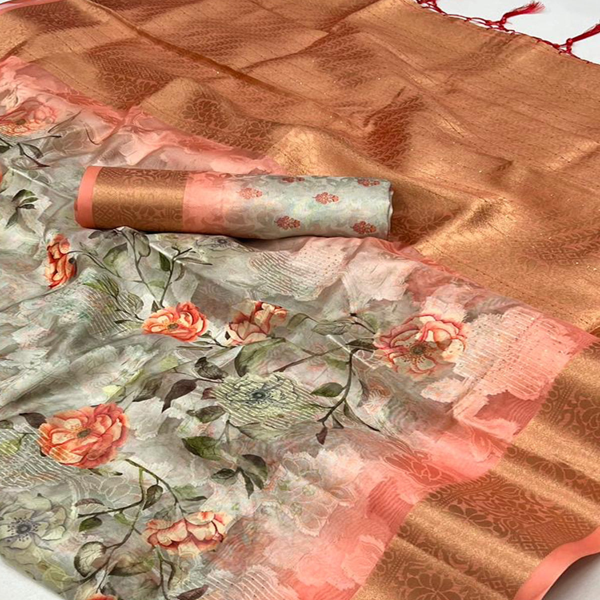 Beige Floral Woven Brasso Saree With Tassels