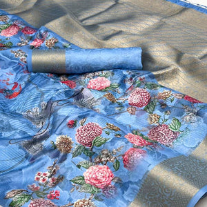 Blue Floral Woven Brasso Saree With Tassels