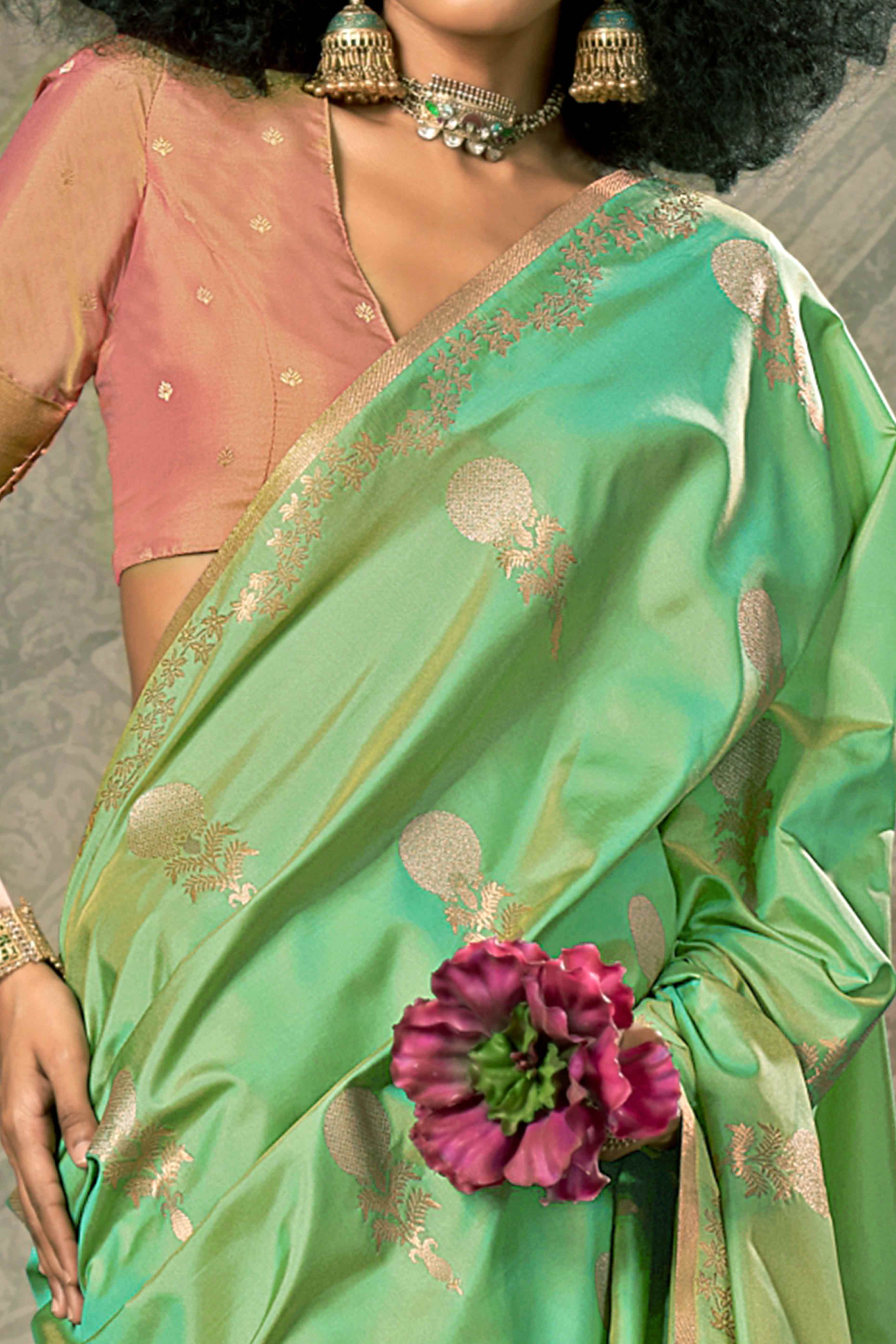 Green Banarasi Silk Saree with Floral Zari Weaving