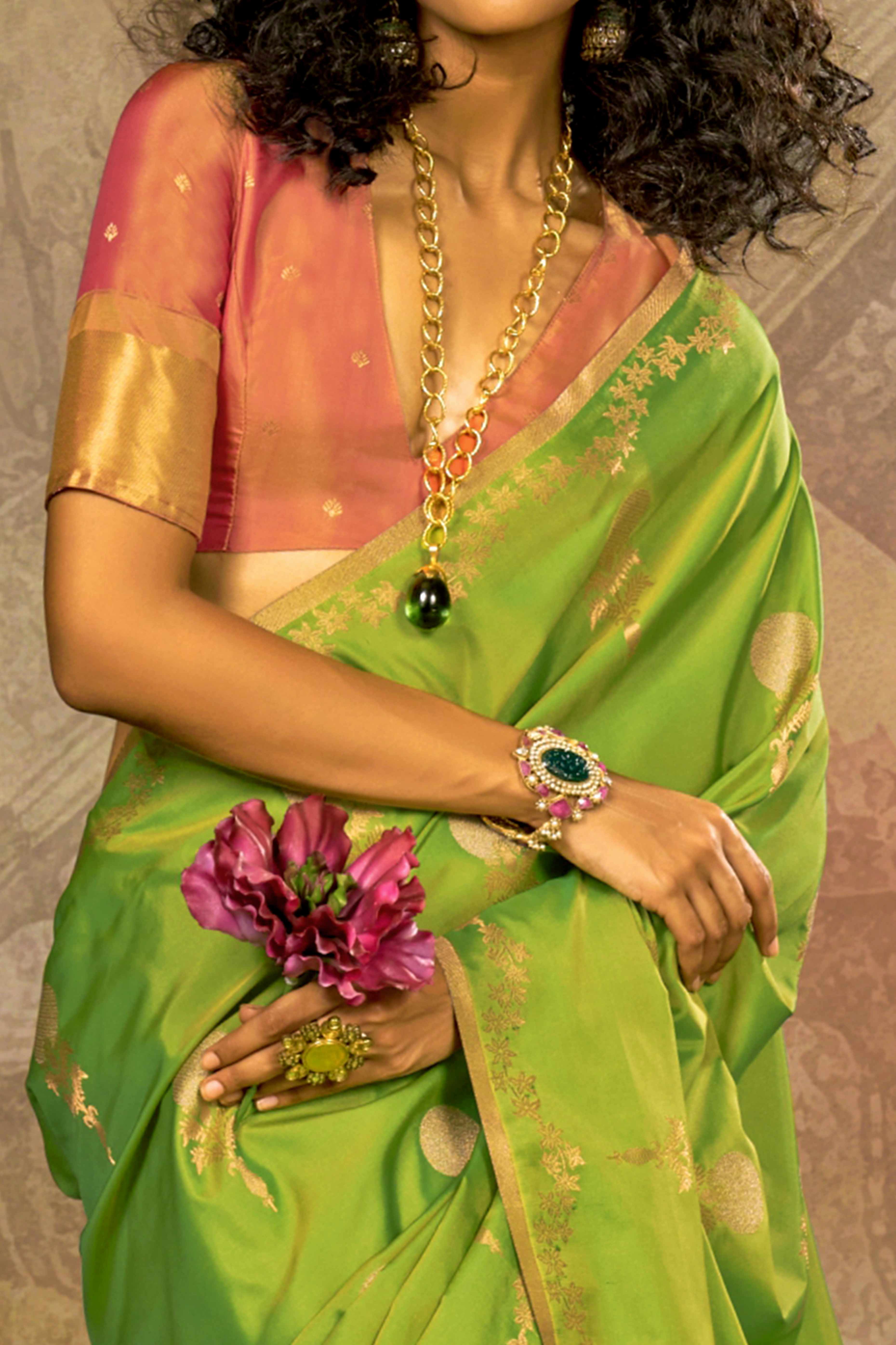 Green Banarasi Silk Saree with Floral Zari Weaving
