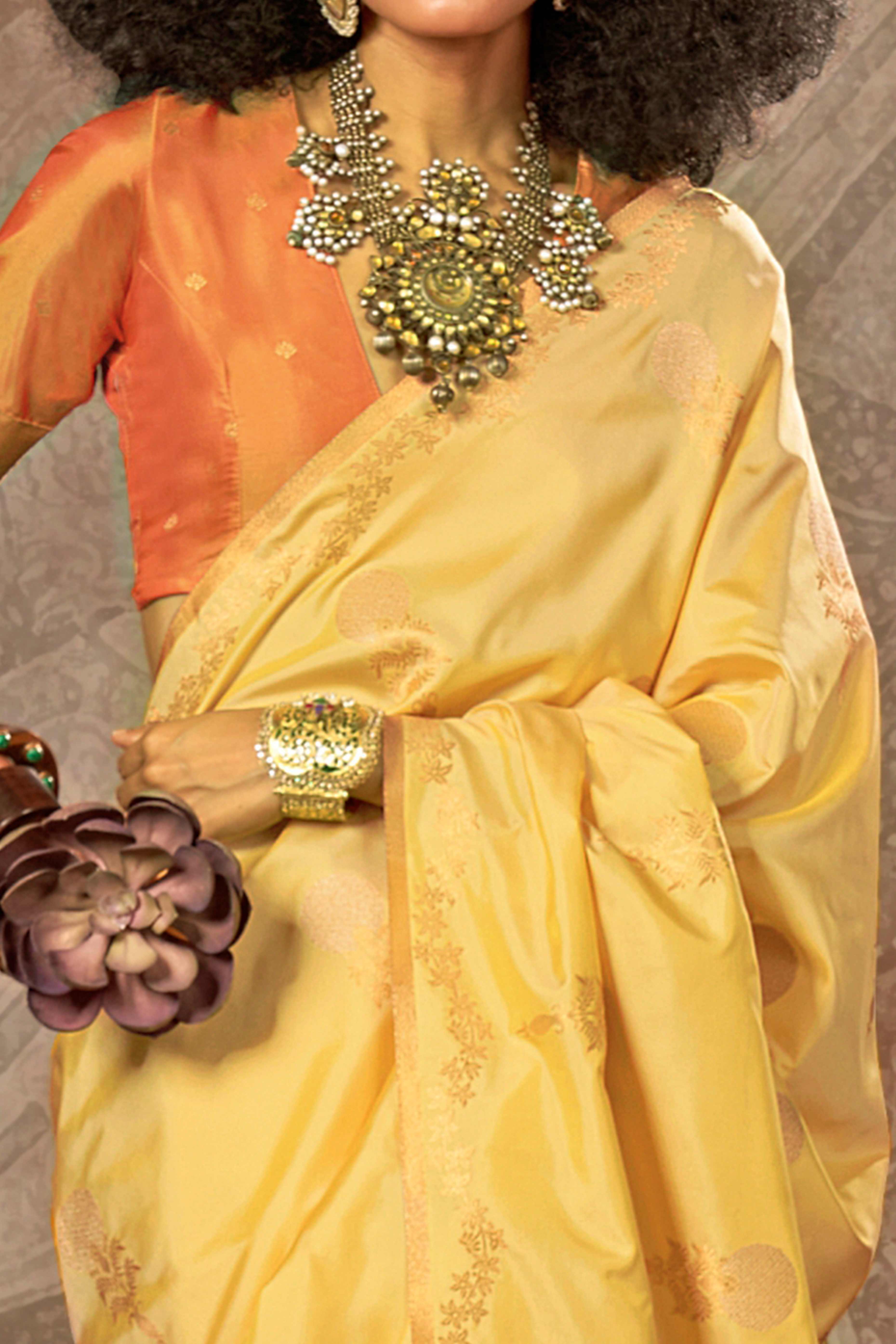 Yellow Banarasi Silk Saree with Floral Zari Weaving