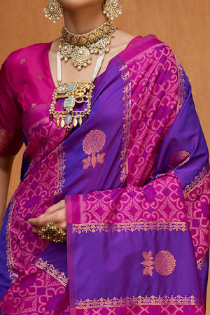 Classic Royal Purple Floral Handloom Weaving Art Silk Saree With Statement Tassel Pallu