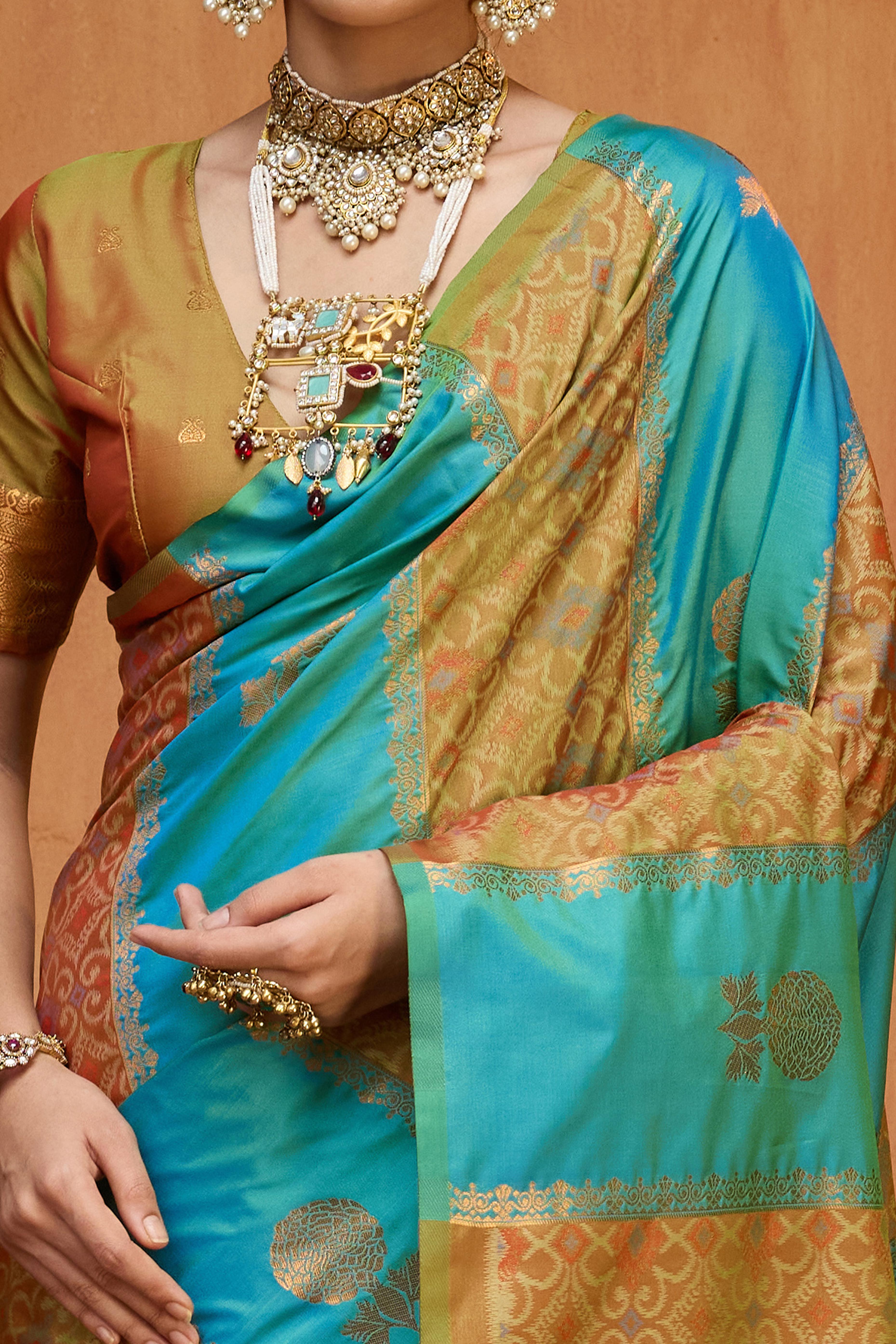 Classic Rama Blue Floral Handloom Weaving Art Silk Saree With Statement Tassel Pallu