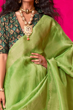 Green Tissue Saree Adorned with Zari Weaving Border
