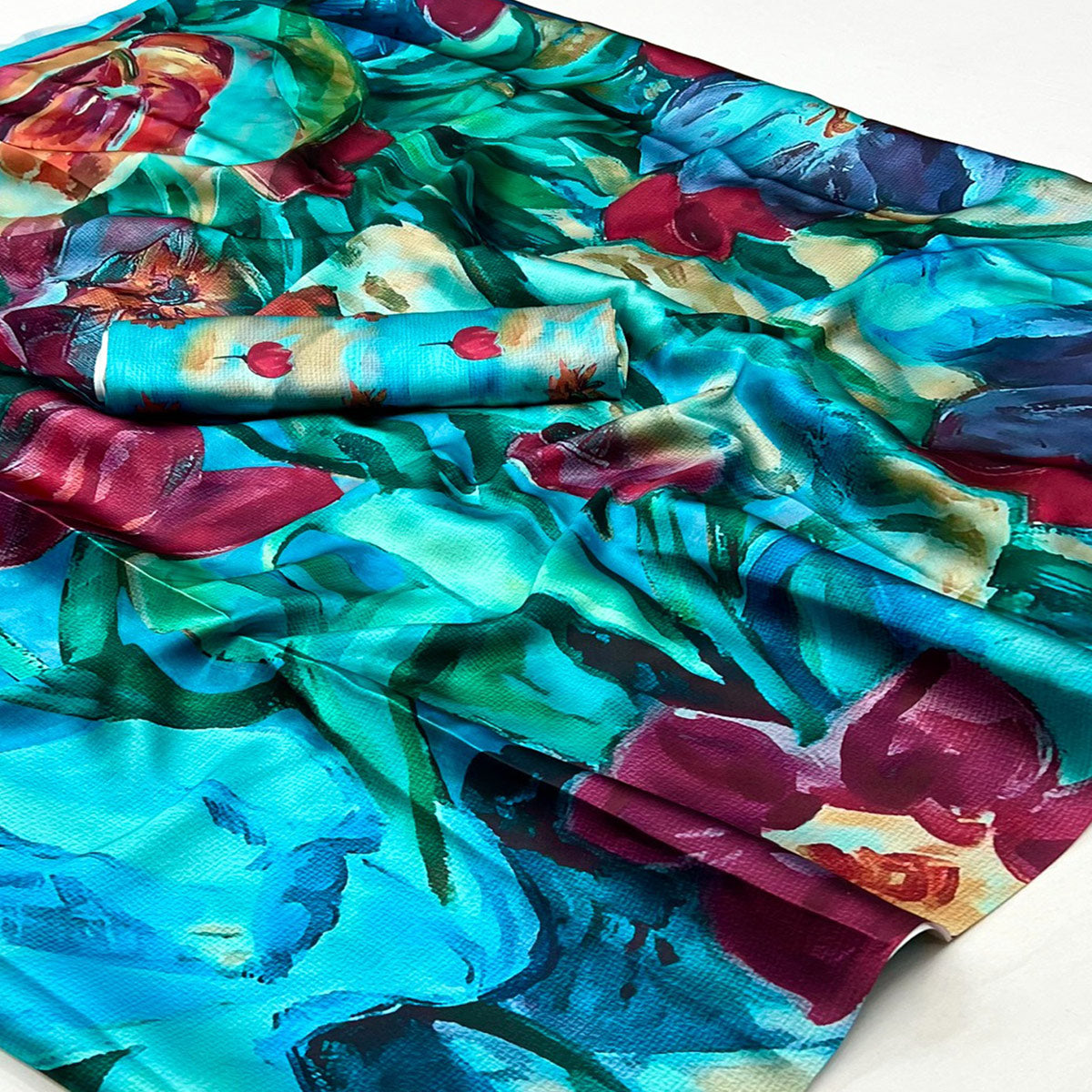 Turquoise Digital Printed Satin Saree