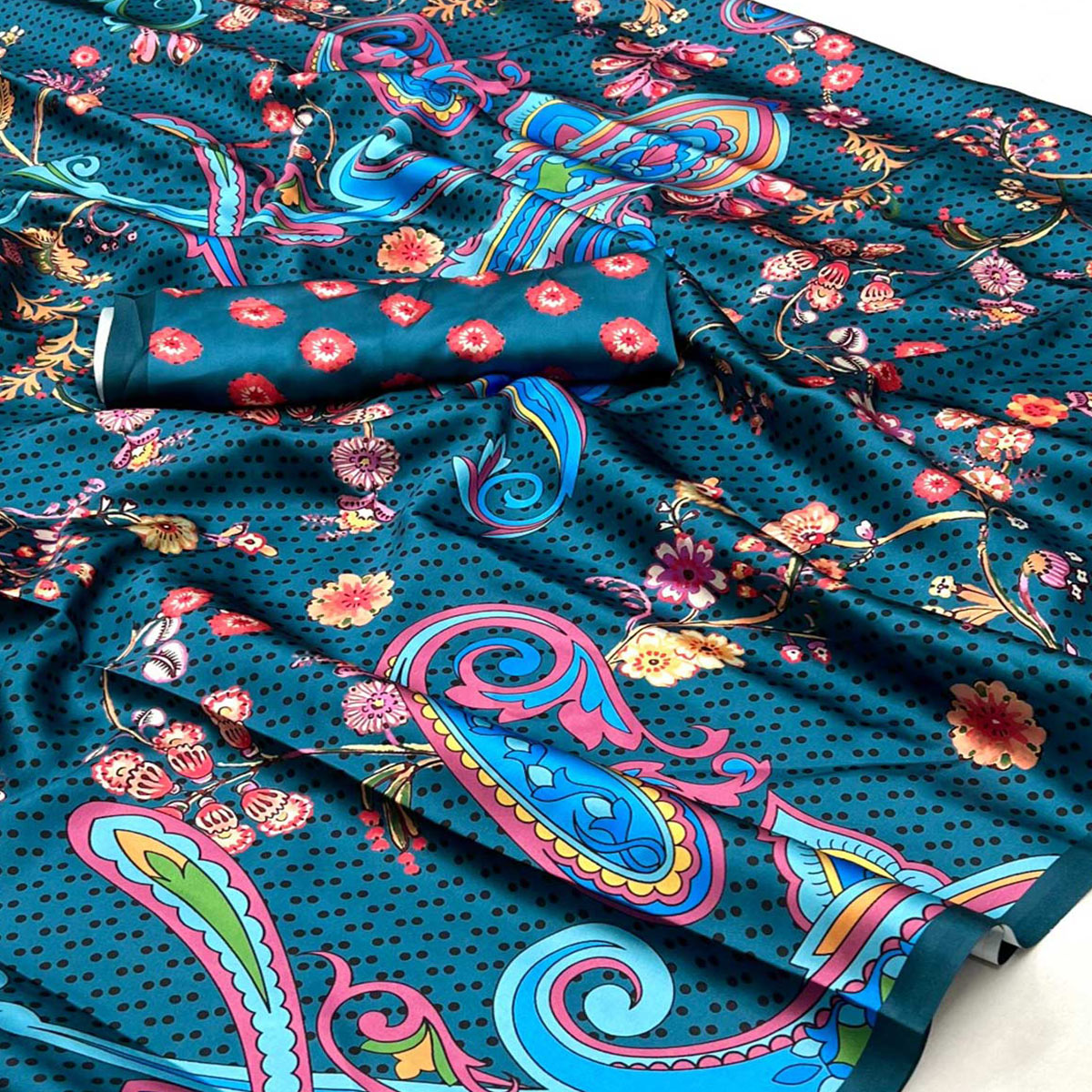 Teal Blue Digital Printed Satin Saree