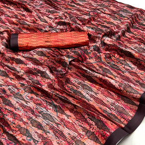 Peach Digital Printed Satin Saree