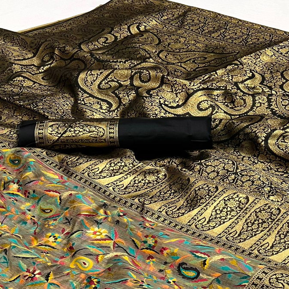 Grey Floral Woven Chanderi Silk Saree