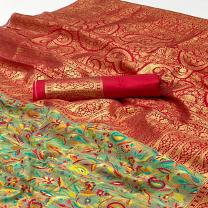 Pista Green Floral Woven Chanderi Silk Saree