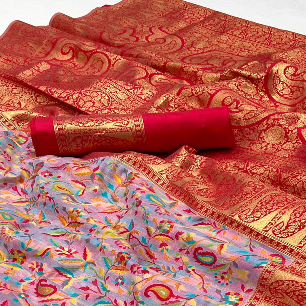 Pink Floral Woven Chanderi Silk Saree