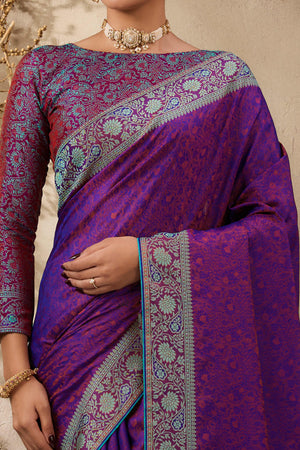 Purple Pure Silk Kanjivaram Handloom Saree Enhanced with Zari Woven Patterns