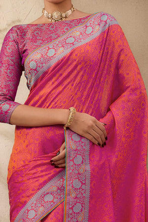 Rani Pink Pure Silk Kanjivaram Handloom Saree Enhanced with Zari Woven Patterns