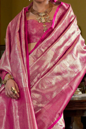 Pink Kanjivaram Saree in Lustrous Silk with Exquisite Zari Weaving