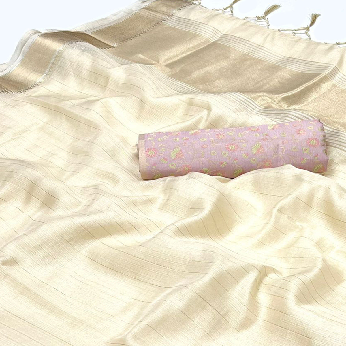 Beige Woven Zari Chiffon Saree
