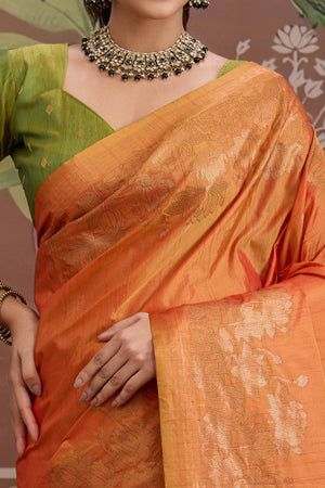 Luxury Orange Pichwai Style Saree in Silk Blend with Intricate Zari Work