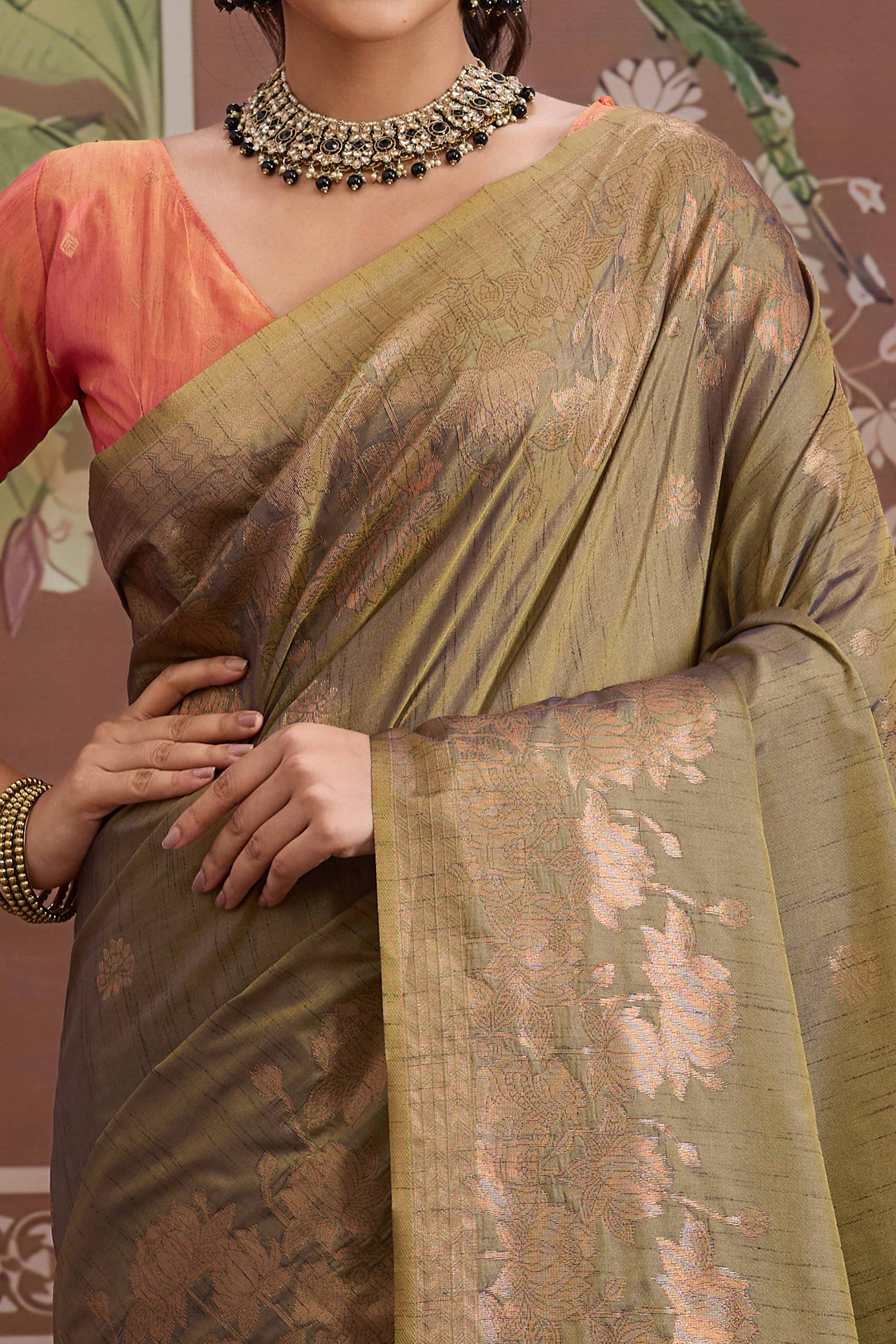 Luxury Olive Pichwai Style Saree in Silk Blend with Intricate Zari Work