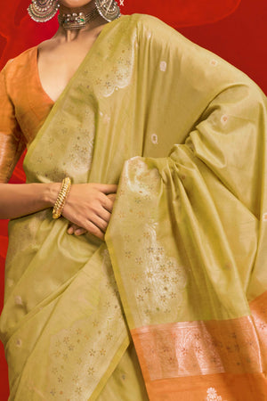 Beige Floral Zari Woven Tussar Silk Saree