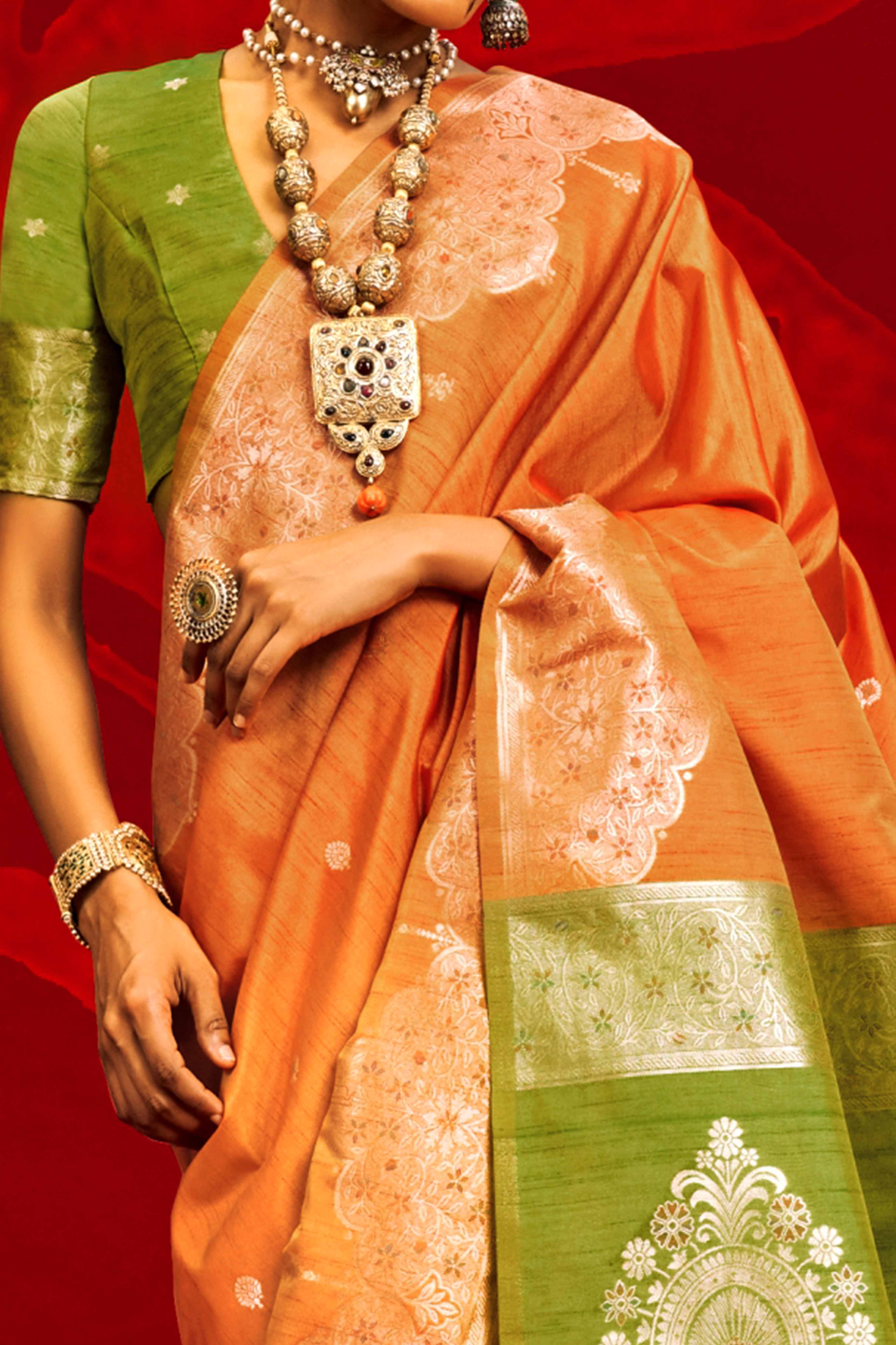 Orange Floral Zari Woven Tussar Silk Saree