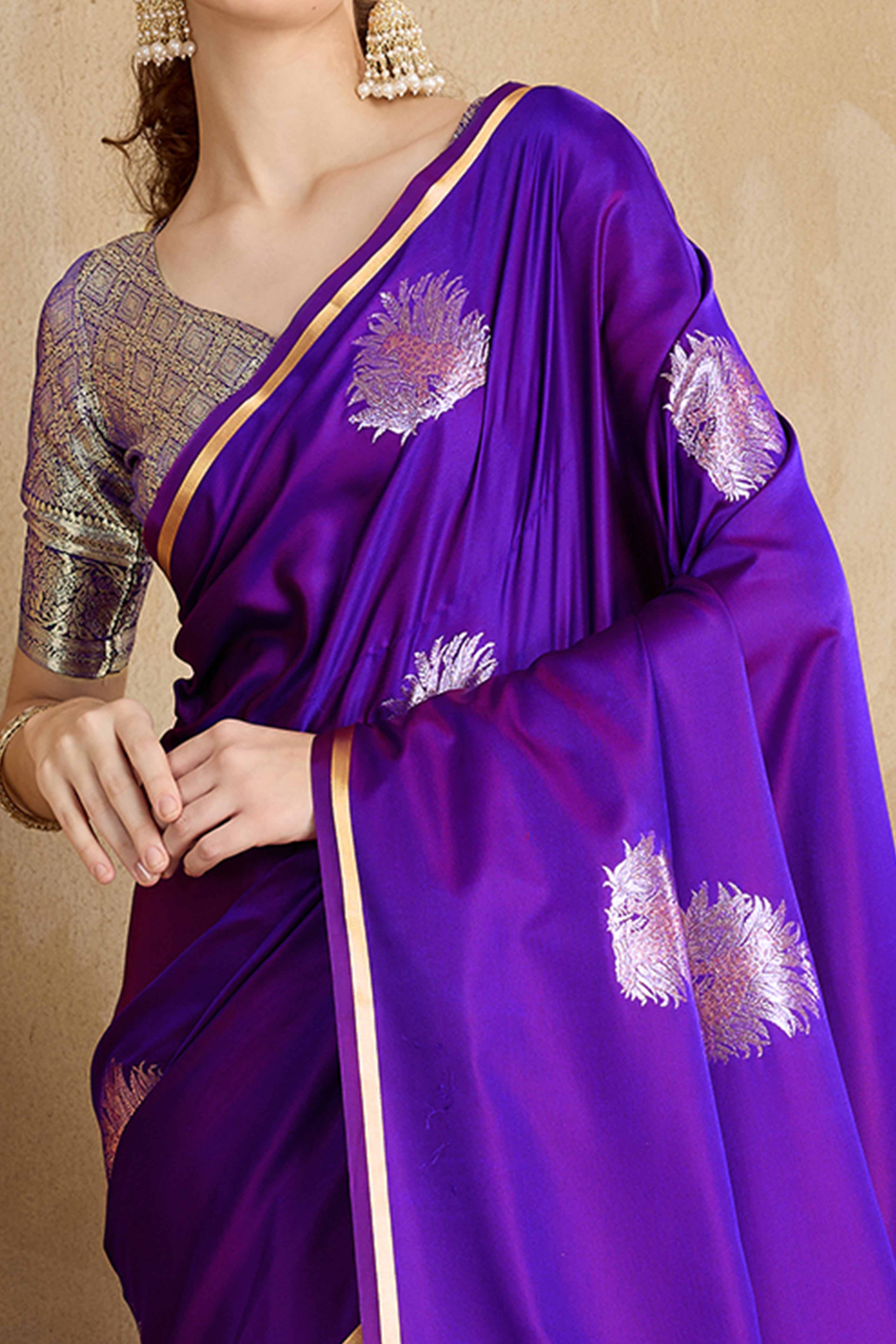 Violet Satin Saree Featuring Intricate Handloom Weaving