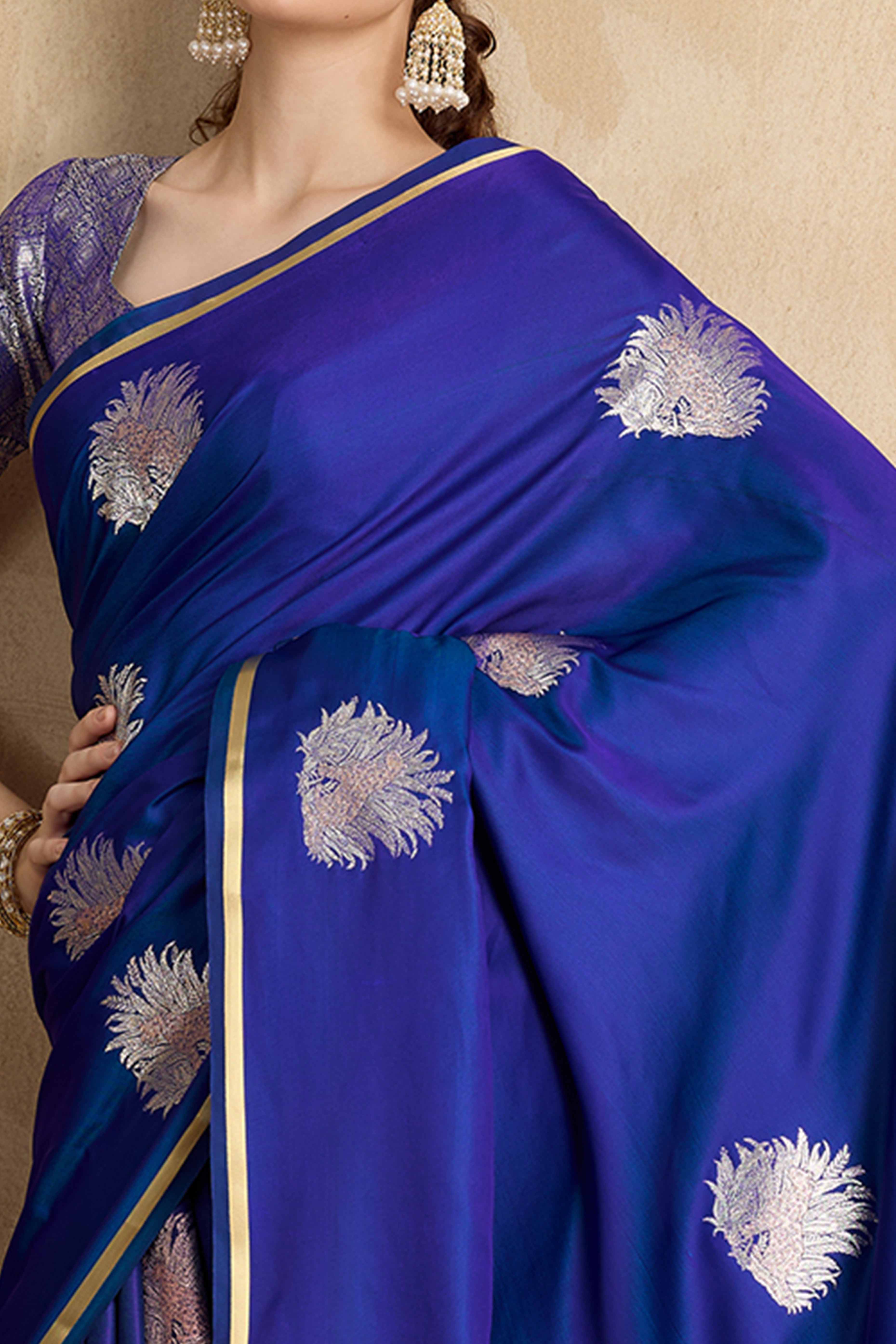 Blue Satin Saree Featuring Intricate Handloom Weaving