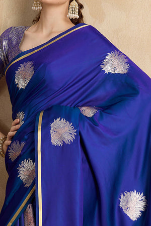 Blue Satin Saree Featuring Intricate Handloom Weaving