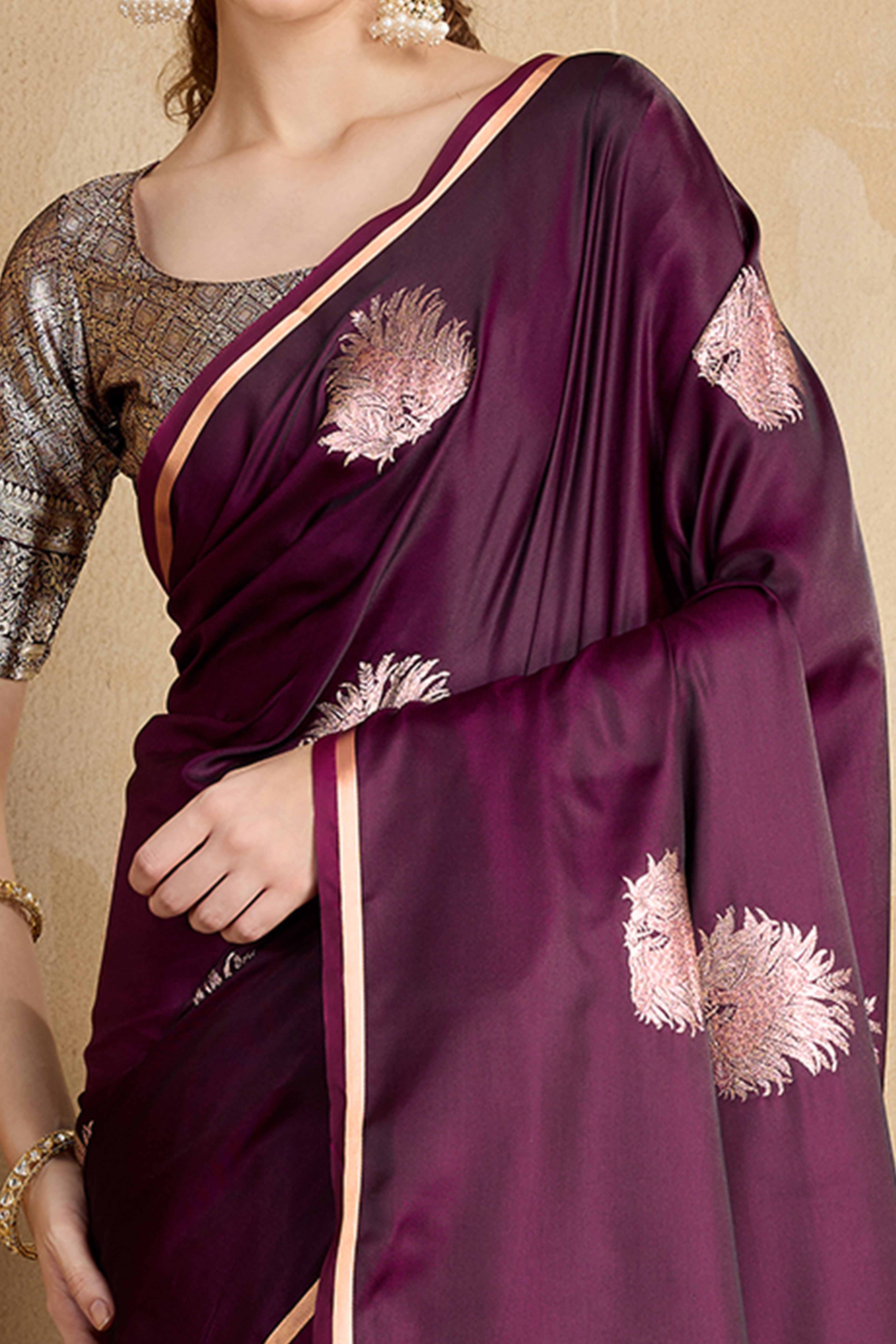Wine Satin Saree Featuring Intricate Handloom Weaving