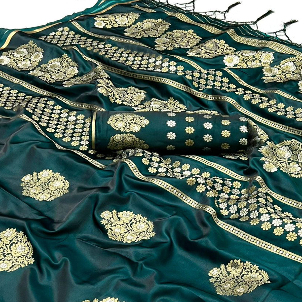 Green Floral Design Zari Woven Satin Saree