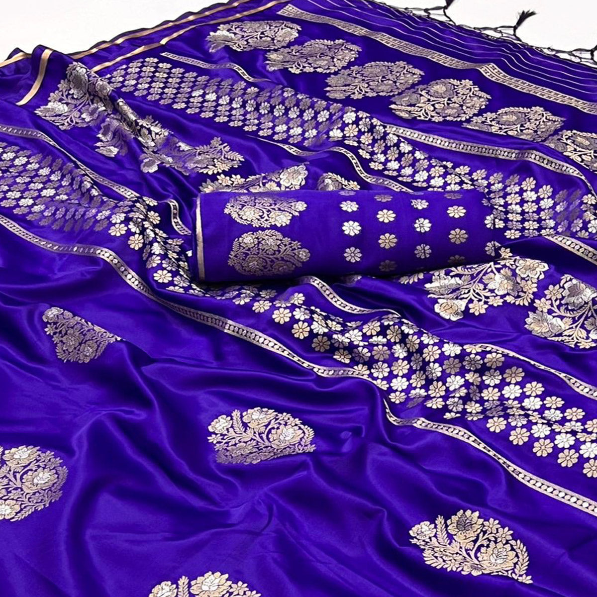 Violet Floral Design Zari Woven Satin Saree