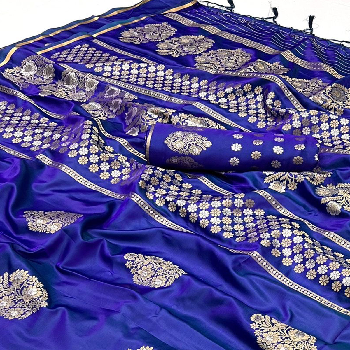 Blue Floral Design Zari Woven Satin Saree