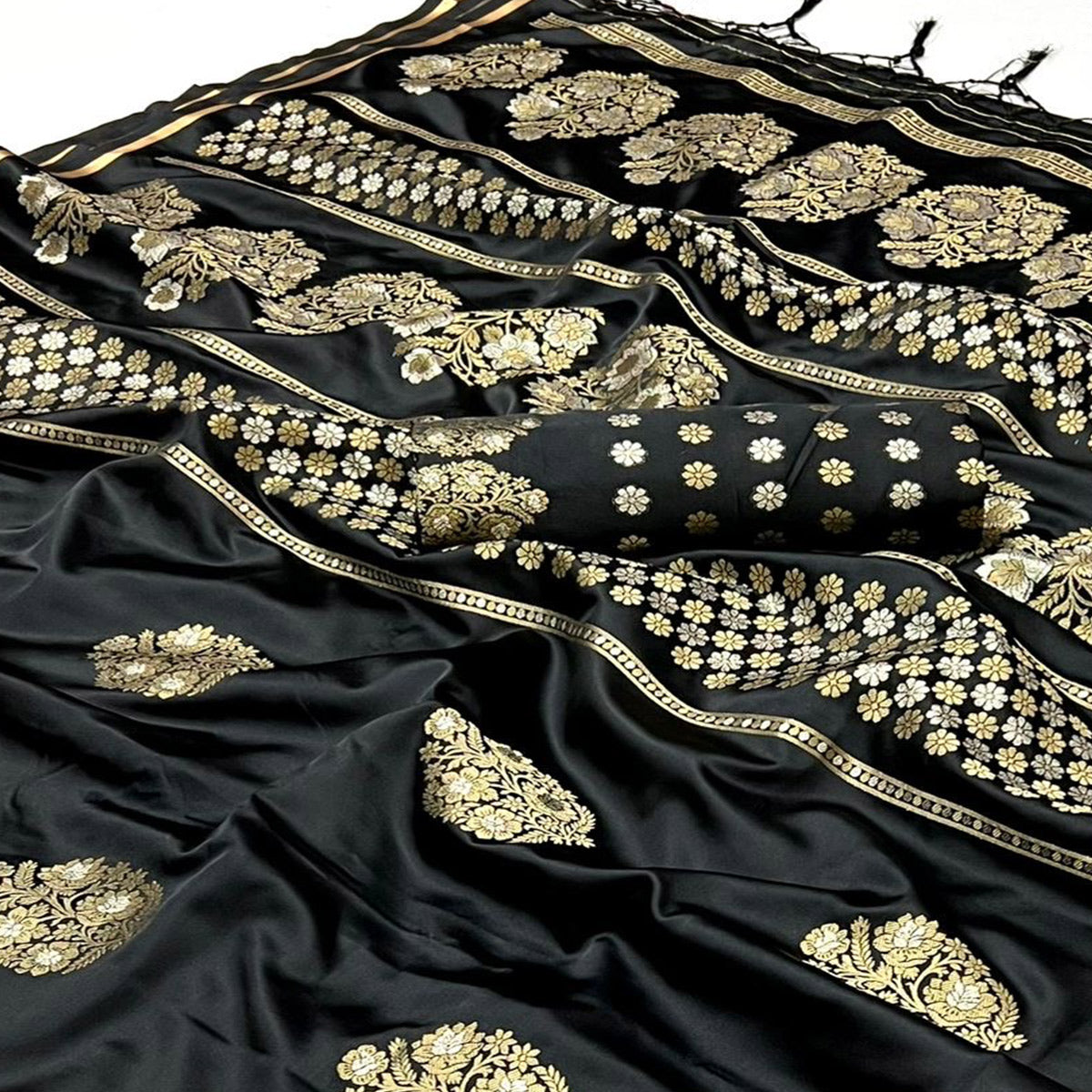 Black Floral Design Zari Woven Satin Saree