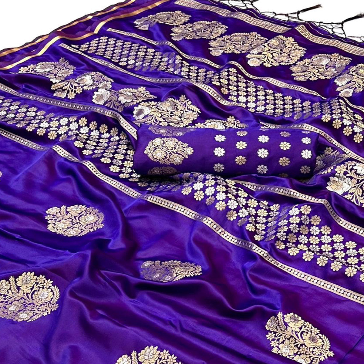 Purple Floral Design Zari Woven Satin Saree
