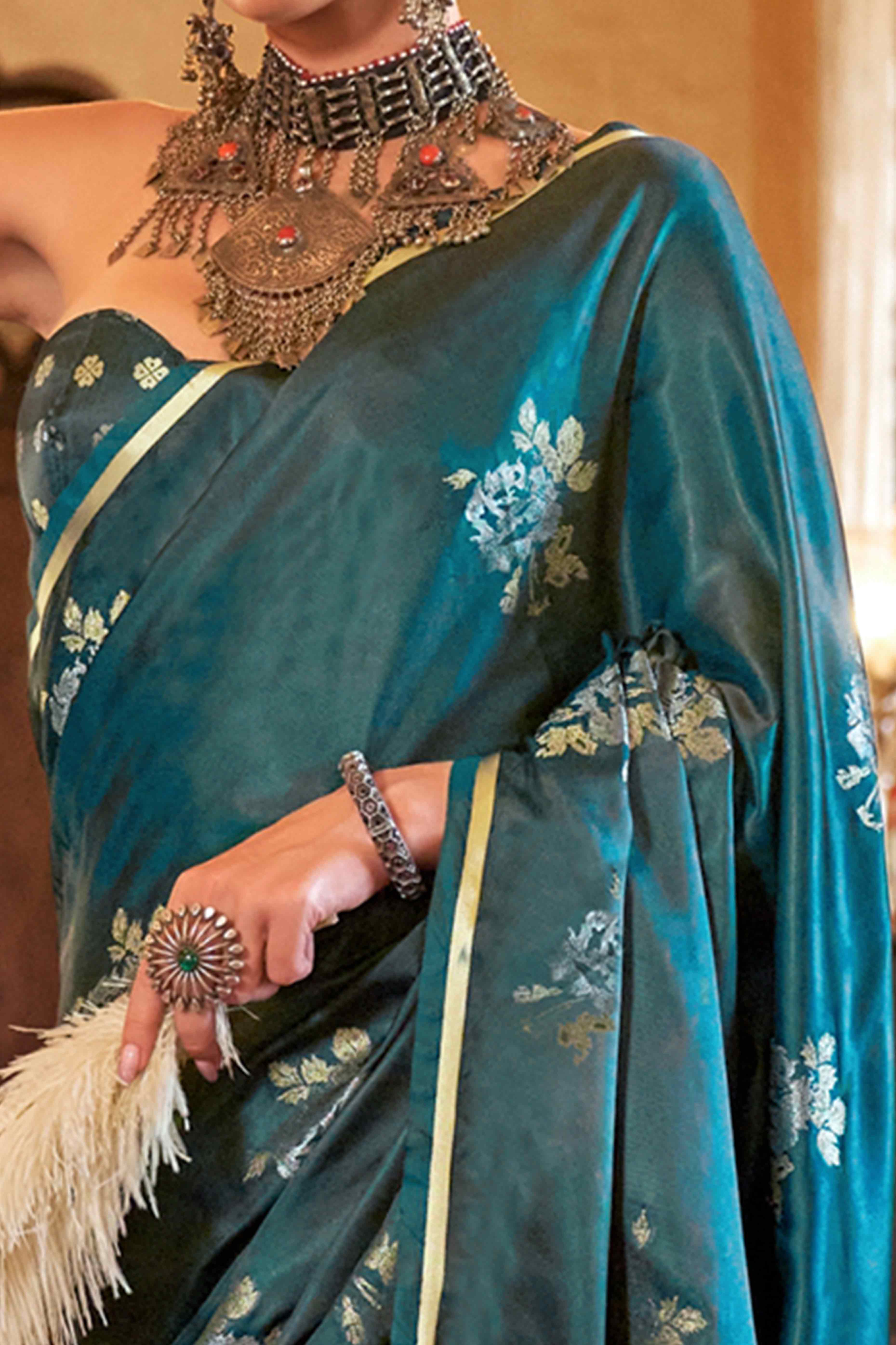 Emerald Green Satin Saree with Zari Weaving and Tassel Detailing