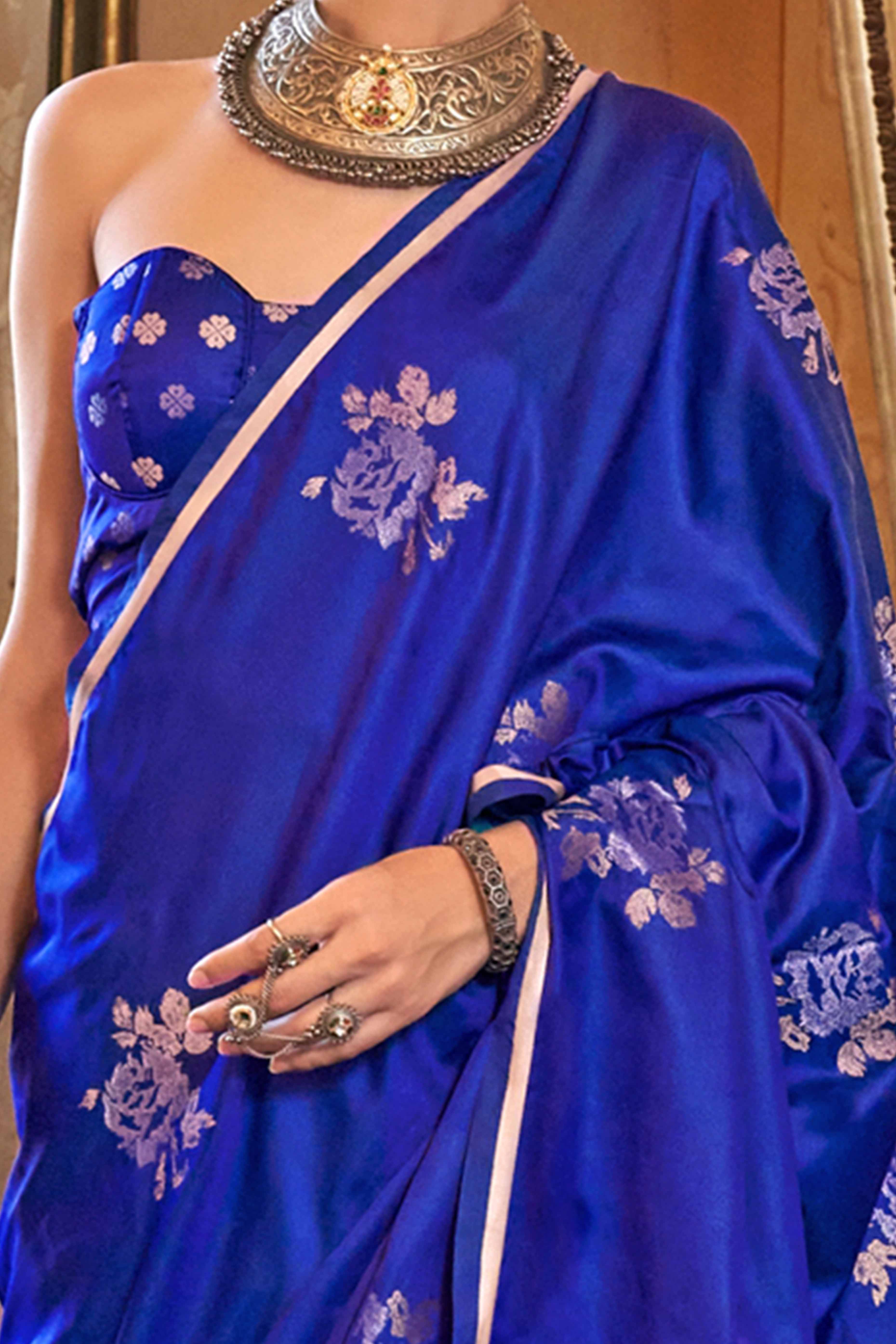 Royal Blue Satin Saree with Zari Weaving and Tassel Detailing