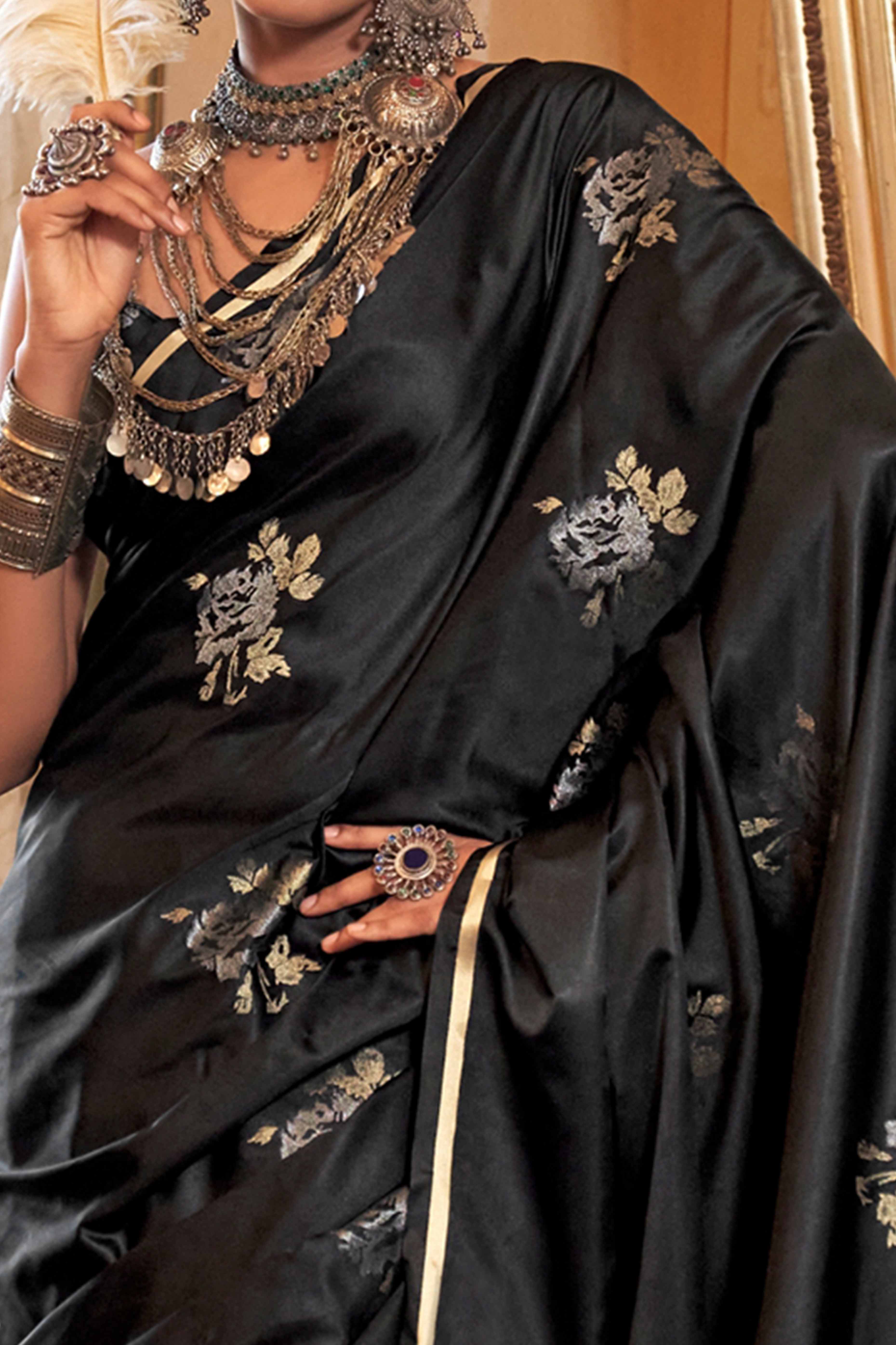Black Satin Saree with Zari Weaving and Tassel Detailing