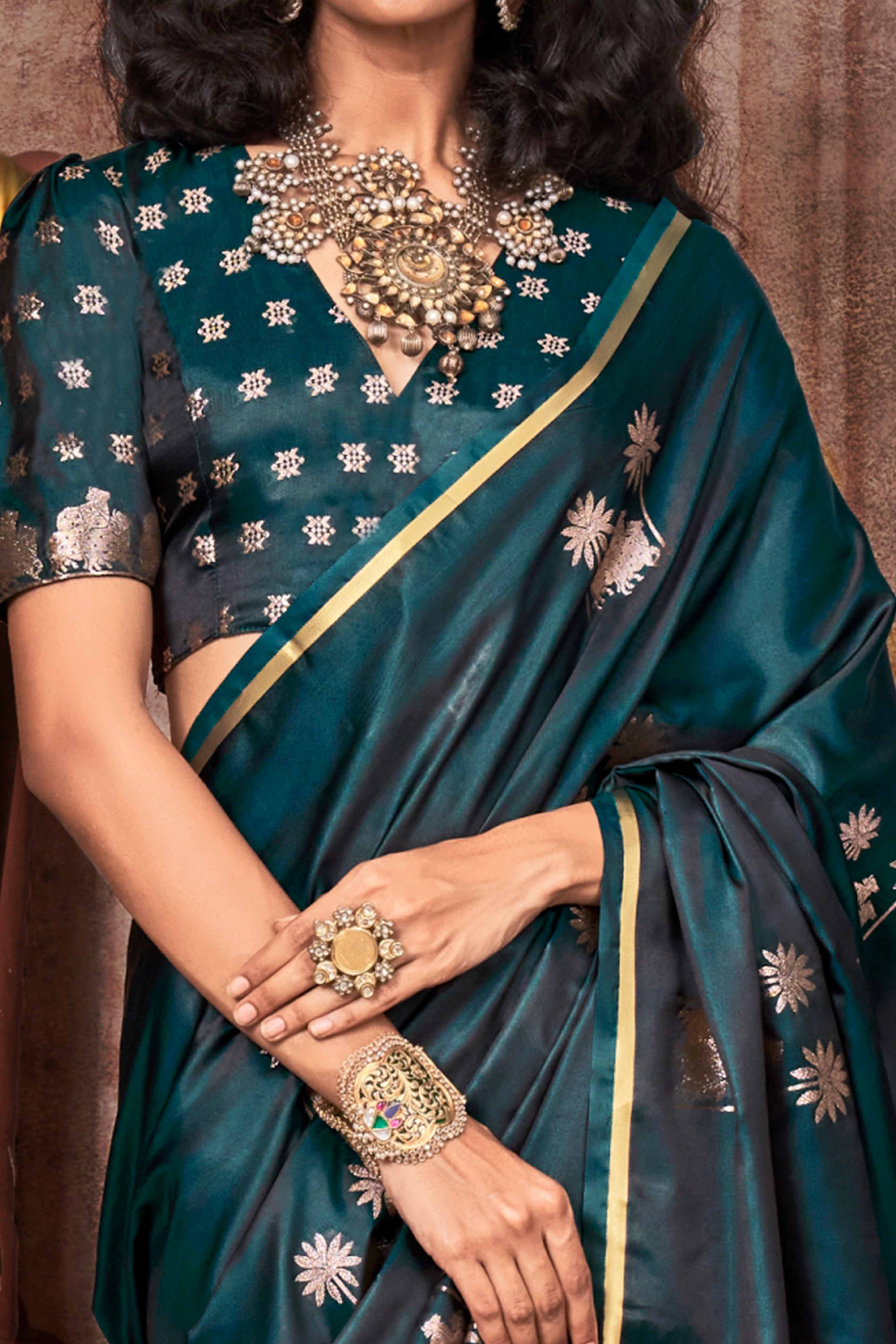 Green Floral Zari Weaving Satin Saree